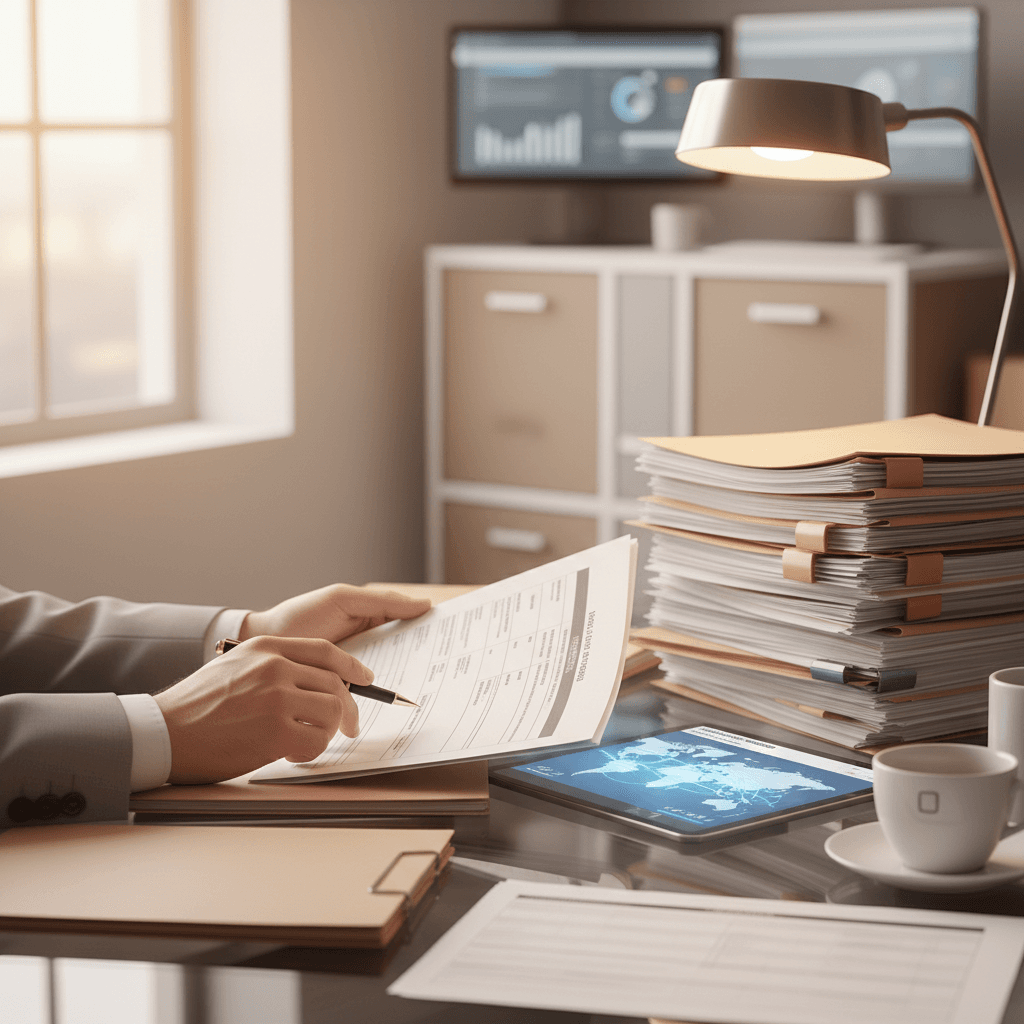 Compliance professional managing EU market access documentation and trade regulations