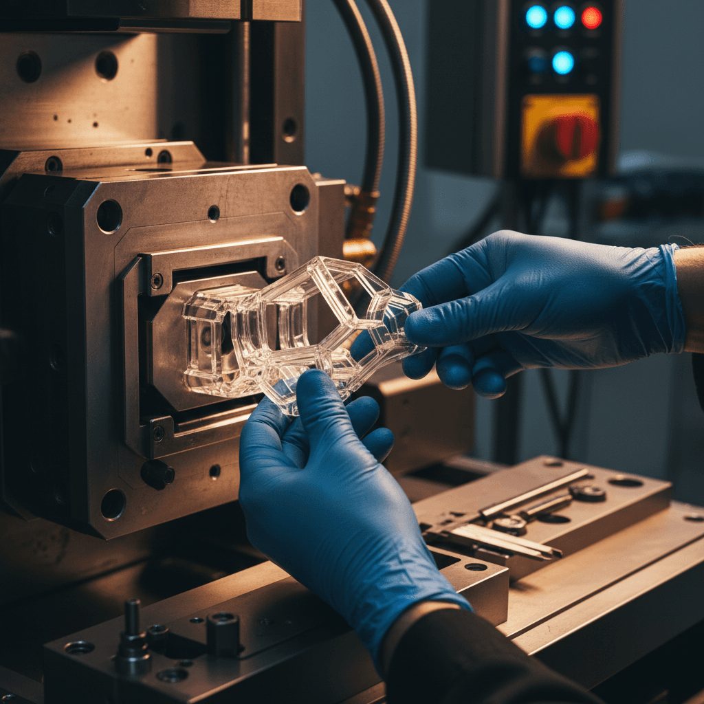 Technician removing precisely molded clear plastic component from advanced injection molding press equipment