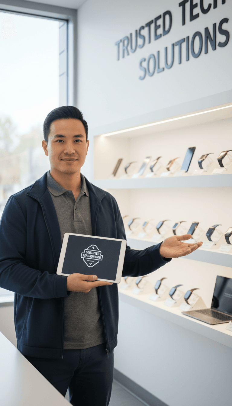 Professional male technician in retail environment holding refurbished tablet, displaying expertise and approachability