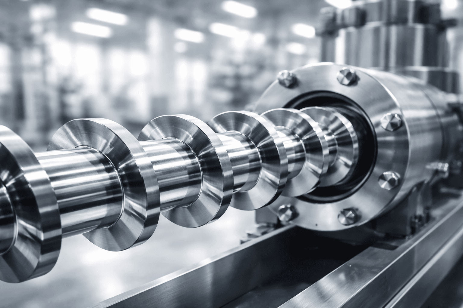 Polished stainless steel industrial shaft with multiple circular discs in a blurred factory setting.