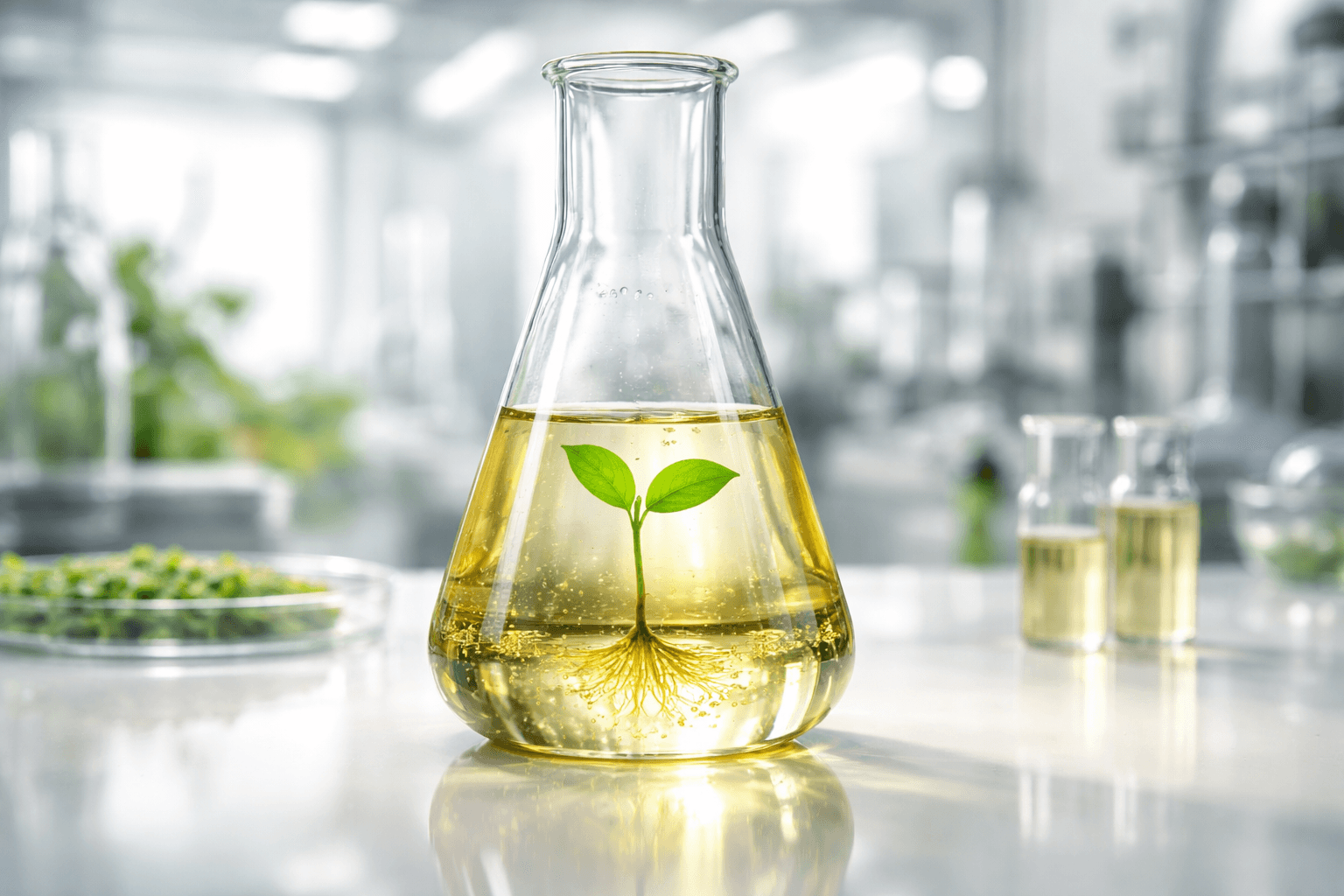 A green seedling with roots growing inside a laboratory flask filled with golden liquid.